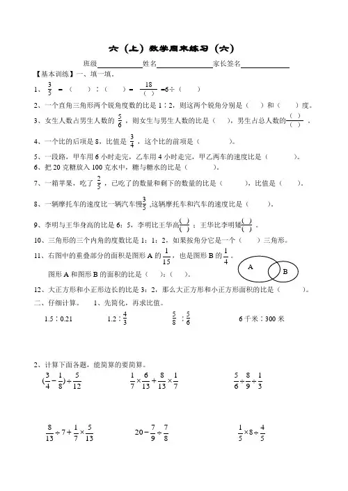 六年级上册数学周末作业题(六)