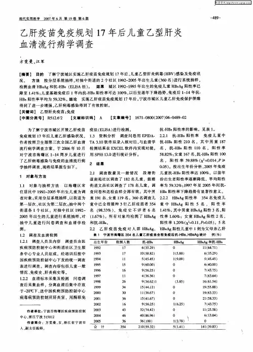 乙肝疫苗免疫规划17年后儿童乙型肝炎血清流行病学调查