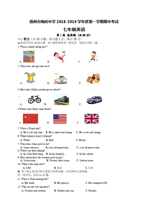 扬州市梅岭中学2018-2019学年度第一学期期中考试七年级英语(含答案)