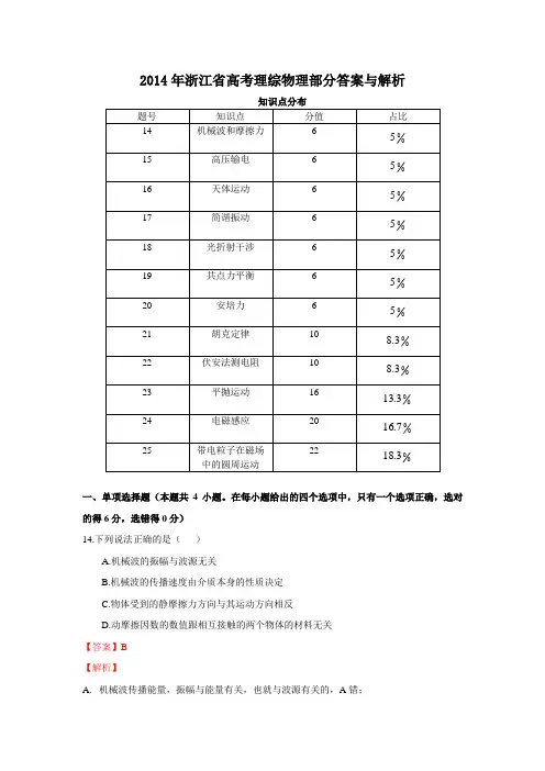 2014年浙江省高考理综物理部分答案与解析