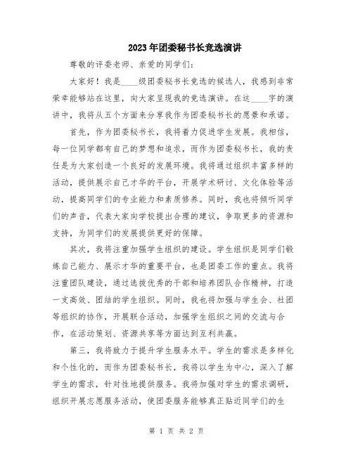 2023年团委秘书长竞选演讲