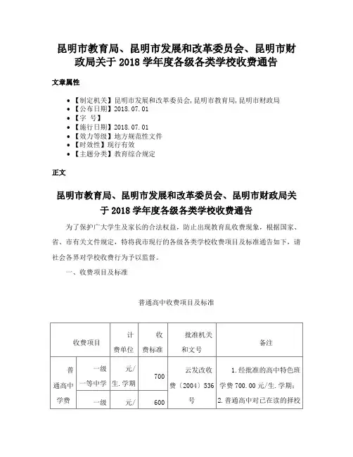 昆明市教育局、昆明市发展和改革委员会、昆明市财政局关于2018学年度各级各类学校收费通告