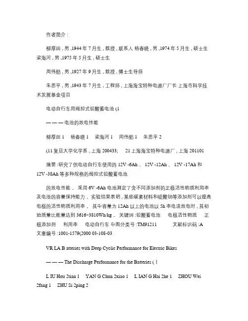 电动自行车用阀控式铅酸蓄电池(1)――电池的放电性能.