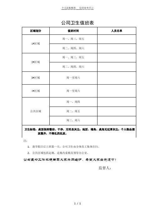 办公室卫生值班表