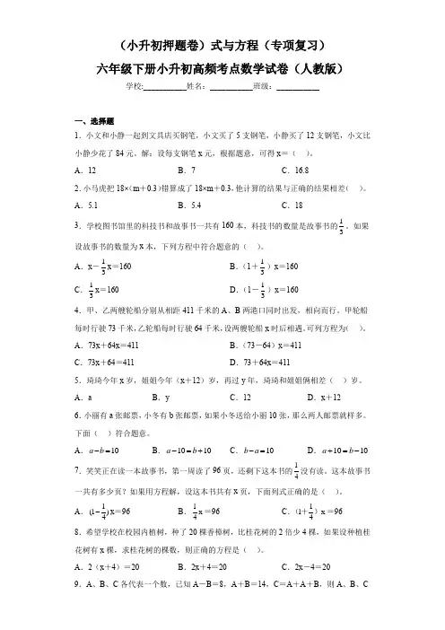 人教版六年级下册小升初高频考点数学《式与方程》专项复习试卷(小升初押题卷)