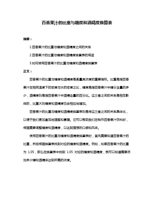百香果汁的比重与糖度和酒精度换算表