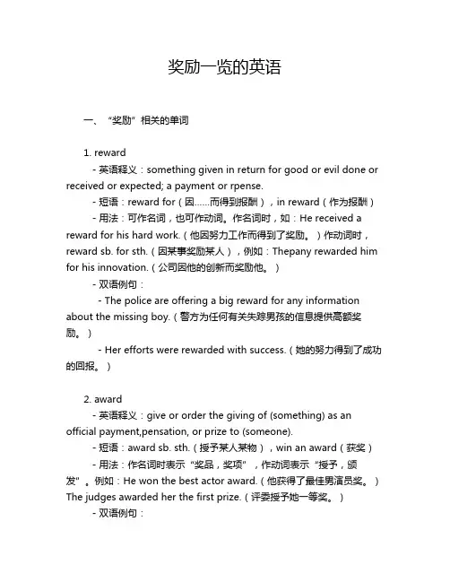 奖励一览的英语