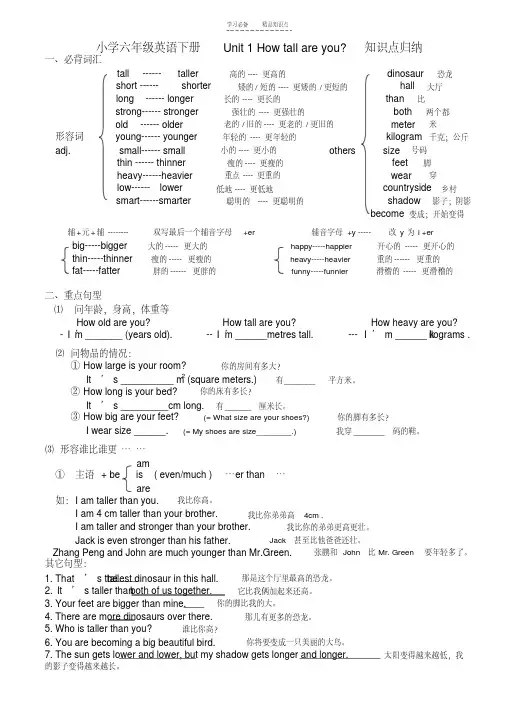 最新新人教版六年级英语下册-第一单元至第四单元知识点归纳