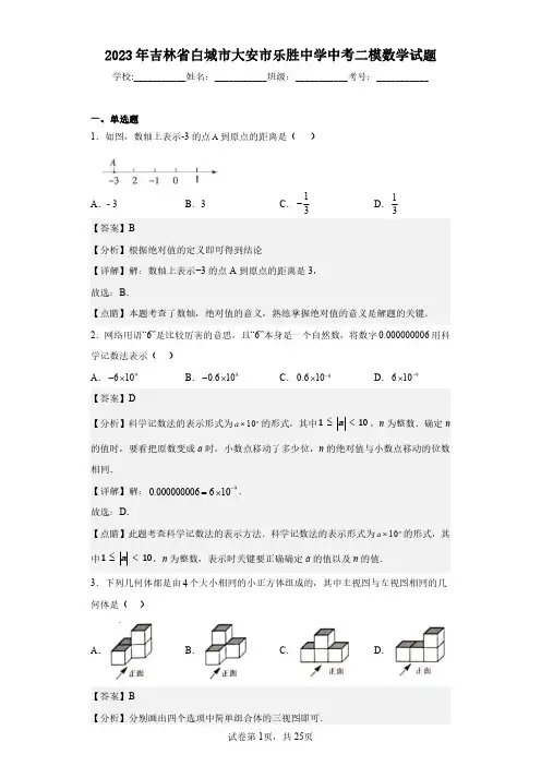 2023年吉林省白城市大安市乐胜中学中考二模数学试题(含答案解析)