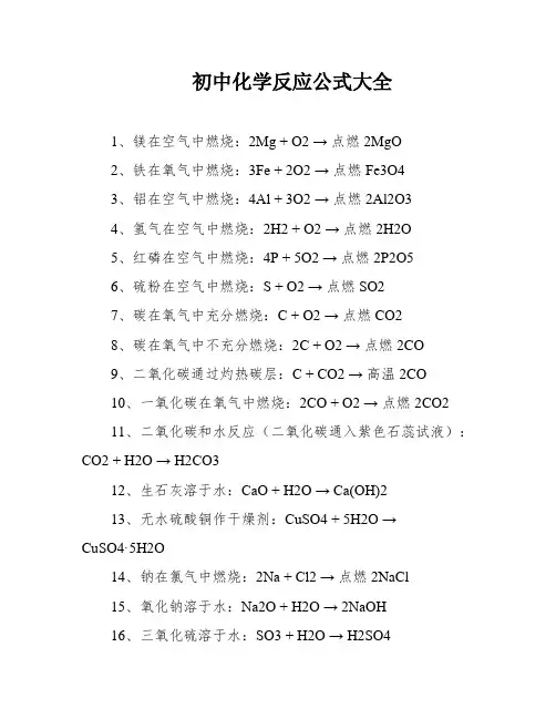 初中化学反应公式大全