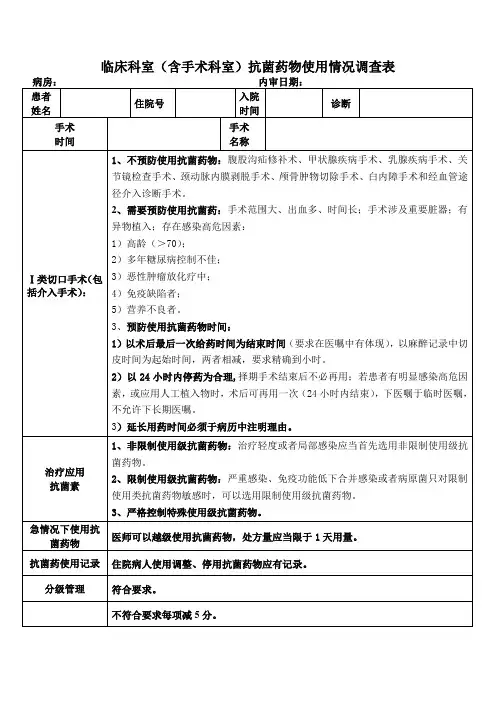 医院手术科室抗菌药物使用情况调查表1