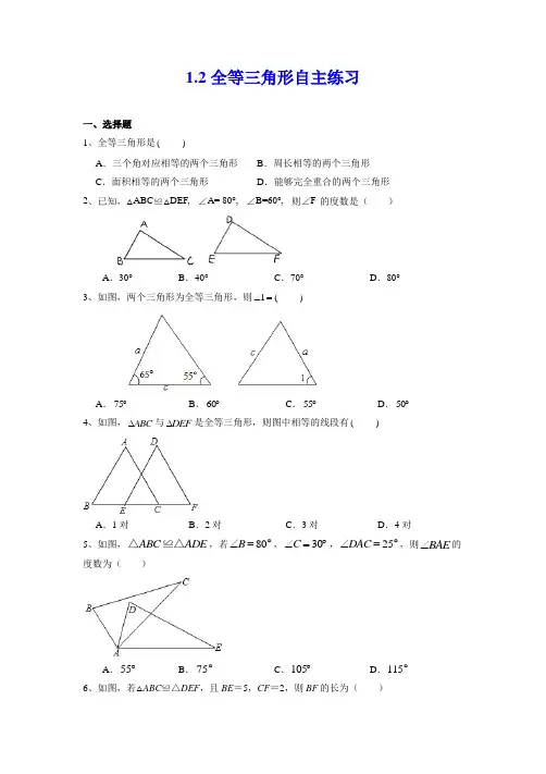 全等三角形 苏科版数学八年级上册自主练习卷(含答案)