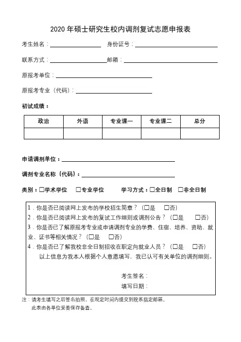 2020年硕士研究生校内调剂复试志愿申报表【模板】