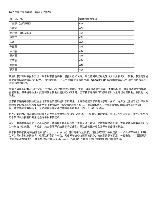 2015年浙江温州中考分数线（已公布）