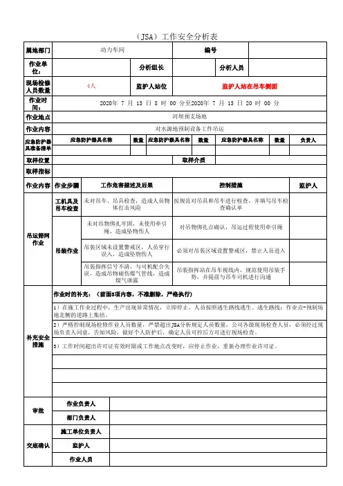 水源地筛网吊装作业(JSA)工作安全分析表