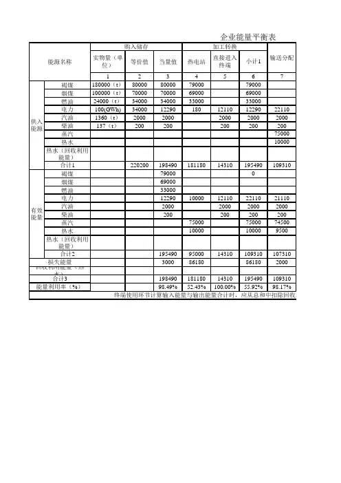 企业能量平衡表(自备热电厂)