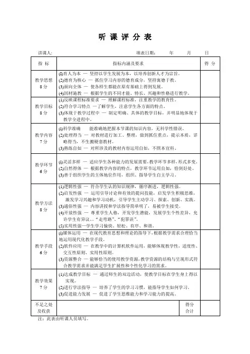 听课评分表