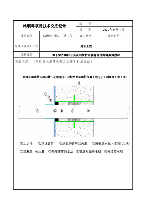 地下室外墙后开孔及刚性防水套管内部封堵具体做法技术交底
