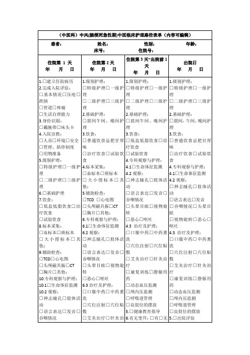 (中医科)中风(脑梗死急性期)中医临床护理路径表单(内容可编辑)