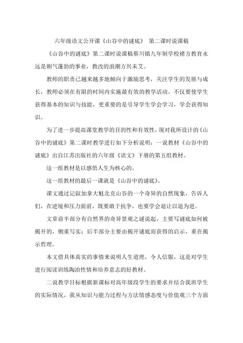 六年级语文公开课《山谷中的谜底》 第二课时说课稿
