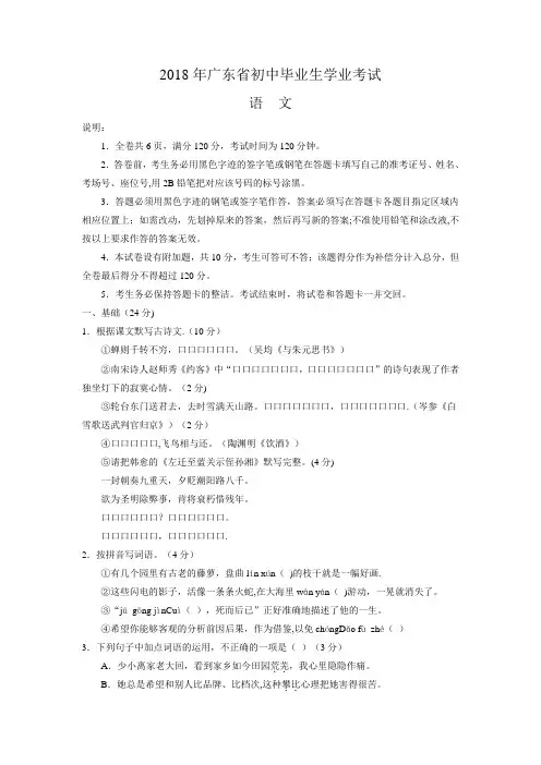 2018年广东省中考语文试题及答案