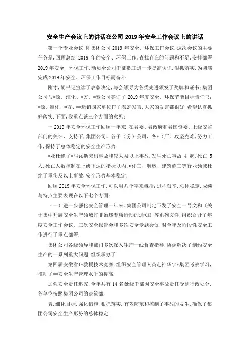 安全生产会议上的讲话 在公司2019年安全工作会议上的