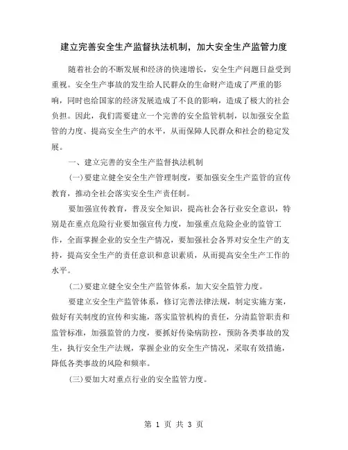 建立完善安全生产监督执法机制,加大安全生产监管力度