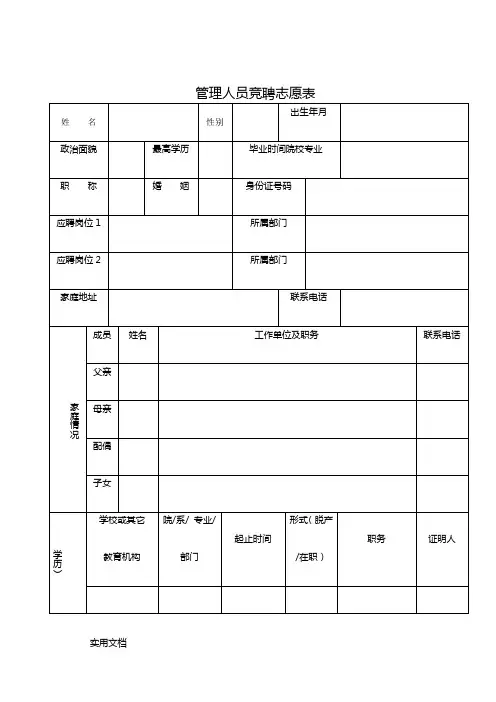管理人员竞聘志愿表