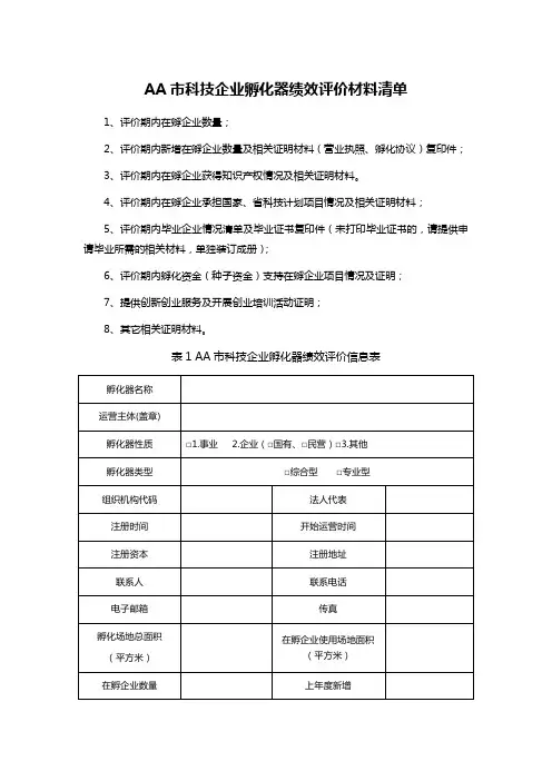AA市科技企业孵化器绩效评价材料清单