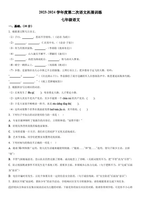 广东省惠州市惠阳区第一中学2023-2024学年七年级上册11月月考语文试题(含解析)
