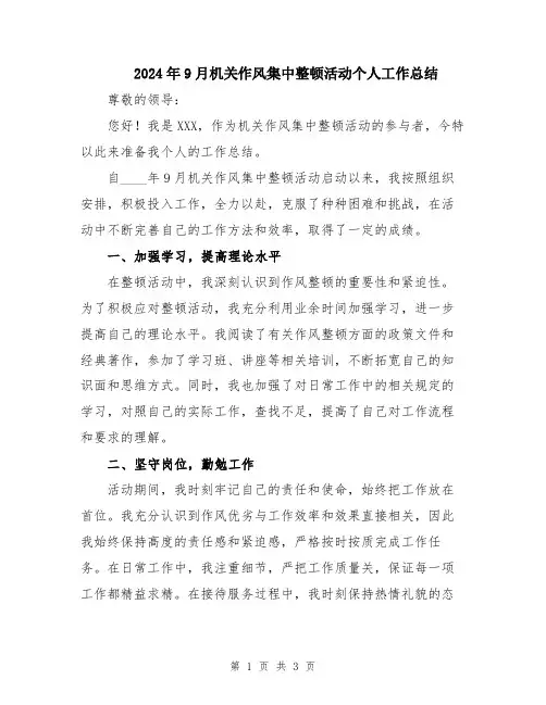 2024年9月机关作风集中整顿活动个人工作总结