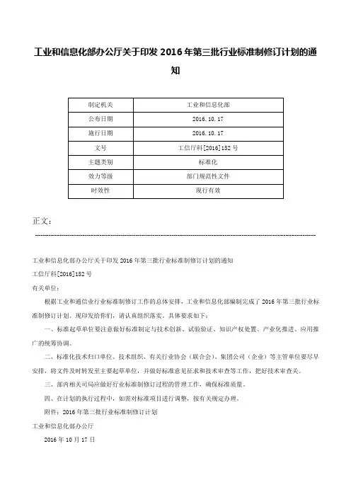 工业和信息化部办公厅关于印发2016年第三批行业标准制修订计划的通知-工信厅科[2016]152号