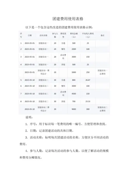 团建费用使用表格