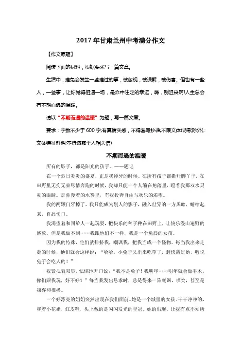 2017年甘肃兰州中考满分作文《不期而遇的温暖》10