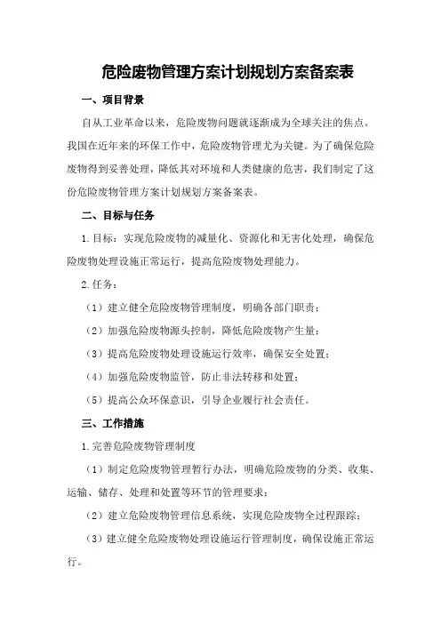 危险废物管理方案计划规划方案备案表