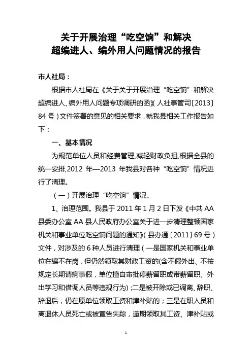 关于开展治理“吃空饷”和解决超编进人、编外用人问题情况的报告
