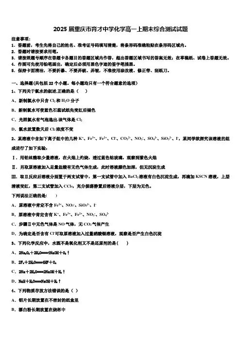 2025届重庆市育才中学化学高一上期末综合测试试题含解析