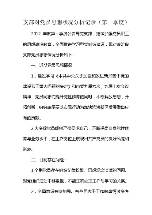 支部对党员思想状况分析记录(第一季度)