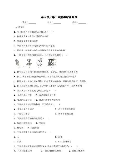人教版生物八年级上册第五单元第五章病毒综合测试(含答案)