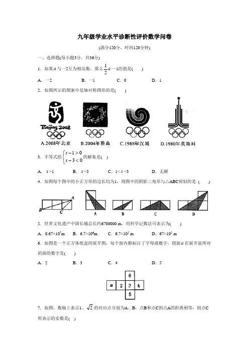 九年级学业水平诊断性评价数学问卷(含答案)