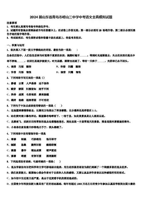 2024届山东省青岛市崂山三中学中考语文全真模拟试题含解析