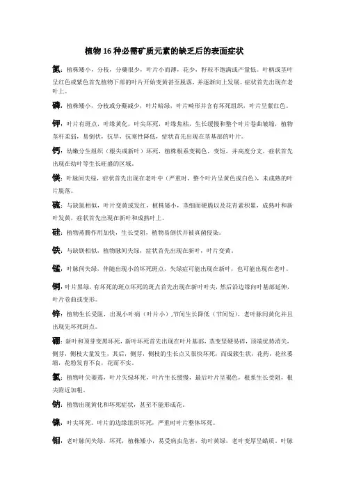 植物16种必需矿质元素的缺乏后的表面症状