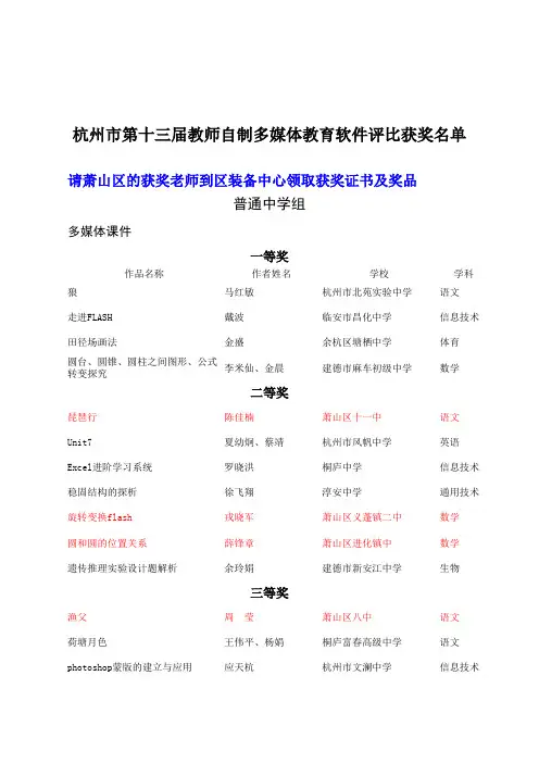 杭州市第十三届中小学教师自制多媒体教育软件评比活动