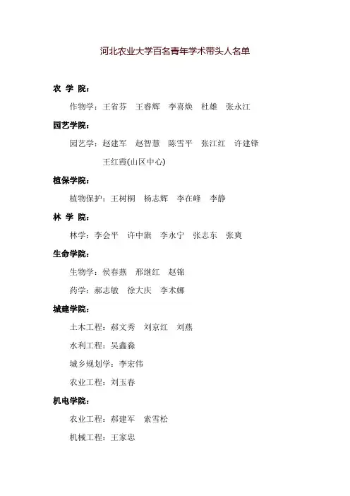 河北农业大学百名青年学术带头人名单