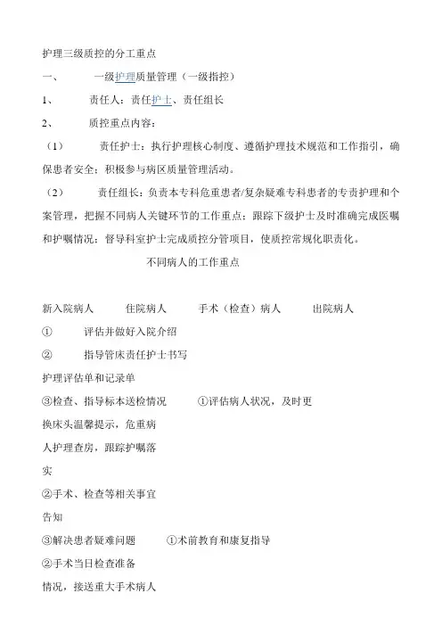 护理三级质控的分工重点