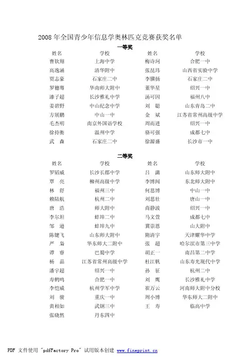 2008全国青少年信息学奥赛获奖及保送名单