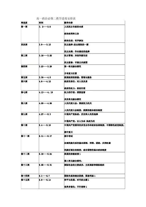 高一政治必修二教学进度计划表