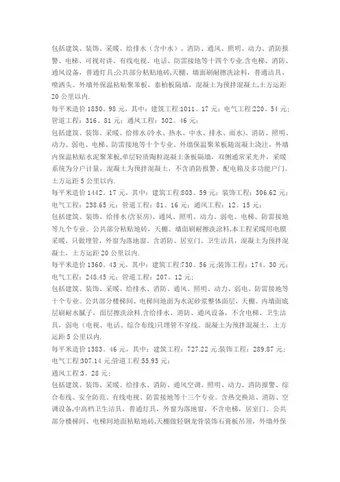 工程造价平米汇总
