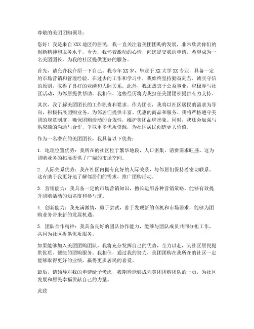 成为美团团长申请书模板
