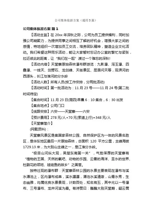 公司集体旅游方案（通用5篇）